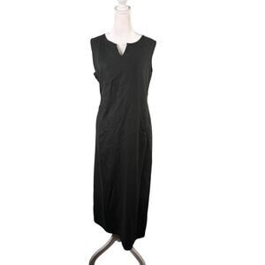 LL Bean 6P Linen Rayon Sleeveless Maxi Shift Dress Black Vintage Back Slit